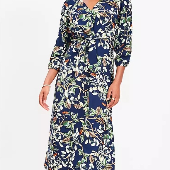 LOFT Navy Floral Long Sleeve Dress - Picture 1 of 3